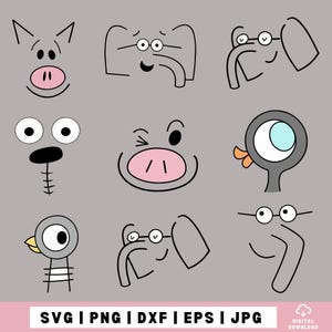 May include: A collection of nine black and white line art animal face illustrations on a gray background, including pigs, elephants, and birds. The text SVG | PNG | DXF | EPS | JPG is displayed at the bottom with a digital download icon.