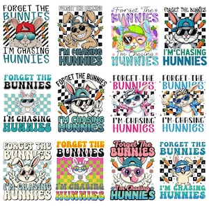 Può includere: Una collezione di grafiche colorate con coniglietti dei cartoni animati con occhiali da sole e cappelli. Ogni design include le frasi "Forget the Bunnies" e "I'm Chasing Hunnies" in caratteri audaci e giocosi, con carote.
