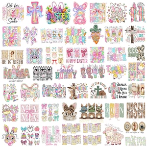May include: A collection of colorful Easter-themed designs. The images include bunnies, crosses, eggs, and text like "Happy Easter" and "He is Risen." The designs feature pastel colors and various fonts, suitable for crafts or apparel.