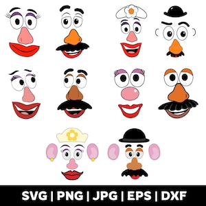 May include: A collection of ten cartoon face components including various eyes, noses, mouths, hats, and ears. The graphic features colorful facial features with black outlines, including red lips, orange and pink noses, and black mustaches.