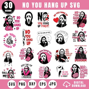以下が含まれることがあります： Screamシリーズのゴーストフェイスキャラクターをフィーチャーした30種類のデジタルデザインコレクション。ピンク、赤、黒の配色で、「No You Hang Up」、「No You Hang Up First」、「You're Cute When You Scream」などのフレーズが含まれています。