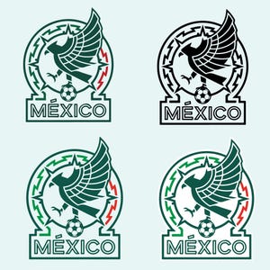 May include: Four variations of a circular emblem featuring a stylized eagle with wings spread, perched atop a soccer ball. The design includes geometric patterns and the word MÉXICO in bold capital letters at the base of each circular logo.
