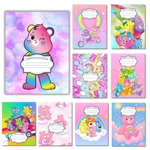May include: A collection of ten composition books featuring various Care Bears characters in colourful, pastel-themed illustrations. Each notebook cover displays a white label with the text COMPOSITION BOOK and lines for writing names or subjects.