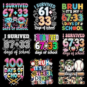 Könnte beinhalten: Eine Sammlung farbenfroher Grafikdesigns auf schwarzem Hintergrund, die Schulmeilensteine feiern. Die Designs zeigen Texte wie "I Survived" und Zahlen wie "67+33" und "100" sowie Illustrationen zum Thema Schule.