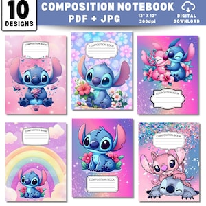 May include: A digital download set of 10 composition notebook covers featuring blue and pink alien characters in various floral, rainbow, and glittery settings. Each cover includes a white label with the text COMPOSITION BOOK for writing names.