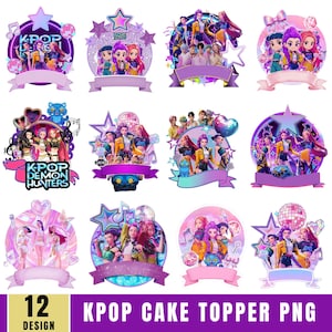 May include: A collection of 12 K-Pop cake topper designs. Each design features a group of animated characters in vibrant colors, with stars, disco balls, and ribbons. The text "KPOP CAKE TOPPER PNG" is displayed at the bottom.