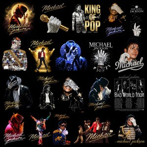 Könnte beinhalten: Eine Sammlung von Bildern mit Michael Jackson, darunter Porträts, Aufnahmen von Auftritten und der Text "Michael Jackson" in verschiedenen Schriftarten. Einige Bilder enthalten den Text "King of Pop" und "Bad World Tour". Die Bilder sind vor schwarzem Hintergrund.
