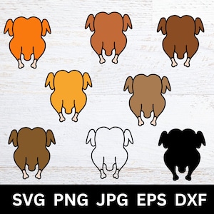 May include: A collection of seven cartoon turkey illustrations in various colors, including orange, brown, and black, with a white outline. The image also includes the text "SVG PNG JPG EPS DXF".