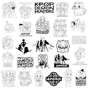 May include: A selection of black and white illustrations showcasing diverse characters and logos. The designs include stylized figures, cartoon animals, and text elements such as "KPOP DEMON HUNTERS" and "HUNTRX".