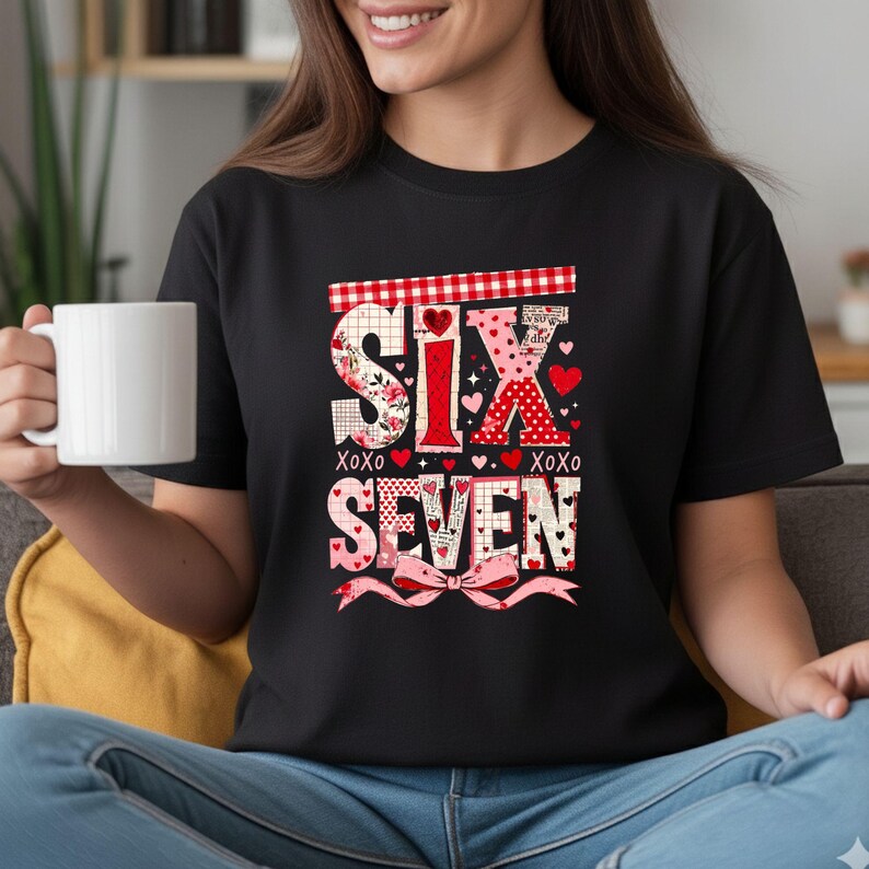 May include: Black t-shirt with the words "SIX" and "SEVEN" in a decorative design. The word "SIX" is in red, floral, and polka dot patterns. The word "SEVEN" is in a floral pattern. Red hearts and the text "xoxo" are also included.