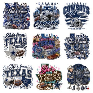 May include: A collection of nine graphic designs featuring Dallas Cowboys football themes, including helmets, footballs, Texas state shapes, and the text 'She's From Texas I Can Tell' and 'Cowboys' in blue, silver, and white color palettes.