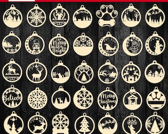 Paquete SVG de 50 bolas navideñas, paquete SVG de adornos navideños, archivos cortados con láser Glowforge, paquete SVG de adornos de invierno, escena navideña SVG