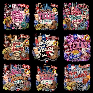Può includere: Una collezione di nove design grafici con illustrazioni a tema Texas, tra cui bottiglie di Dr Pepper, tacos, stivali e cappelli da cowboy, lupini e il testo She's from Texas I can tell, con loghi H-E-B e Buc-ee's su sfondo nero.