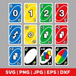 May include: A collection of twelve playing cards featuring various designs including numbers zero through three in blue, yellow, green, and red, plus action cards like reverse, skip, draw two, wild, and wild draw four symbols.
