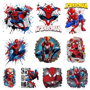 Pode incluir: Uma coleção de nove ilustrações gráficas apresentando o Homem-Aranha em várias poses de ação, incluindo saltos, agachamentos e lançamentos de teia, com cores vibrantes em vermelho e azul, respingos de tinta, texturas de tijolos e texto.