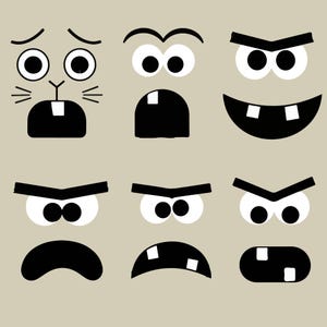 May include: A collection of six distinct cartoon faces arranged in two rows. Each face features bold black and white graphic elements, including various eye shapes, arched eyebrows, and mouths with square teeth, set against a solid beige background.