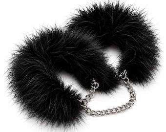 Black Faux Fur Wrist Cuffs | Silver Chain | Halloween Costume Accessory | Gothic Party Accessory