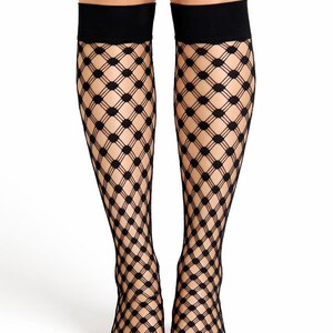May include: Black fishnet knee-high socks with a diamond pattern. The socks have a solid black band at the top and cover the feet. The background is white.