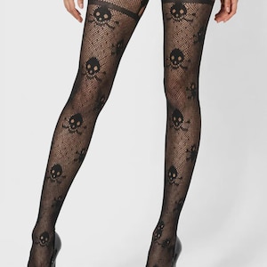 Skull And Crossbone Patterned Mock Suspender Fishnet Tights | Black Net Tights