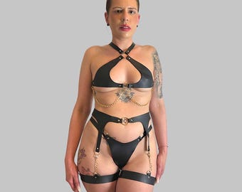Vegan Leather Harness Set | Gold Chain Lingerie, Edgy Rave Outfit