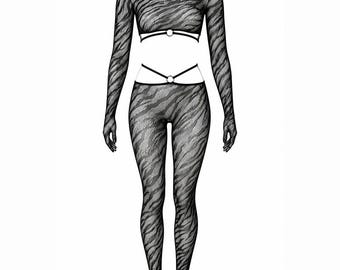 Black Sheer Zebra Print Gloved Mesh Bodysuit Set | Long Sleeve Crop Top & Low Rise Leggings | Festival Rave Gothic Alternative | Catsuit