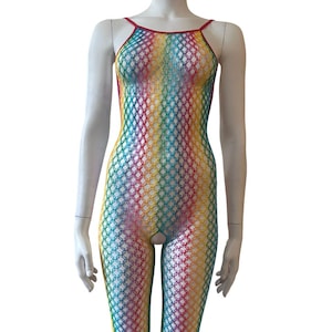 Rainbow Multi-Coloured Spaghetti Strap Bodysuit | Catsuit | Fishnet Bodystocking | Festival Clothing