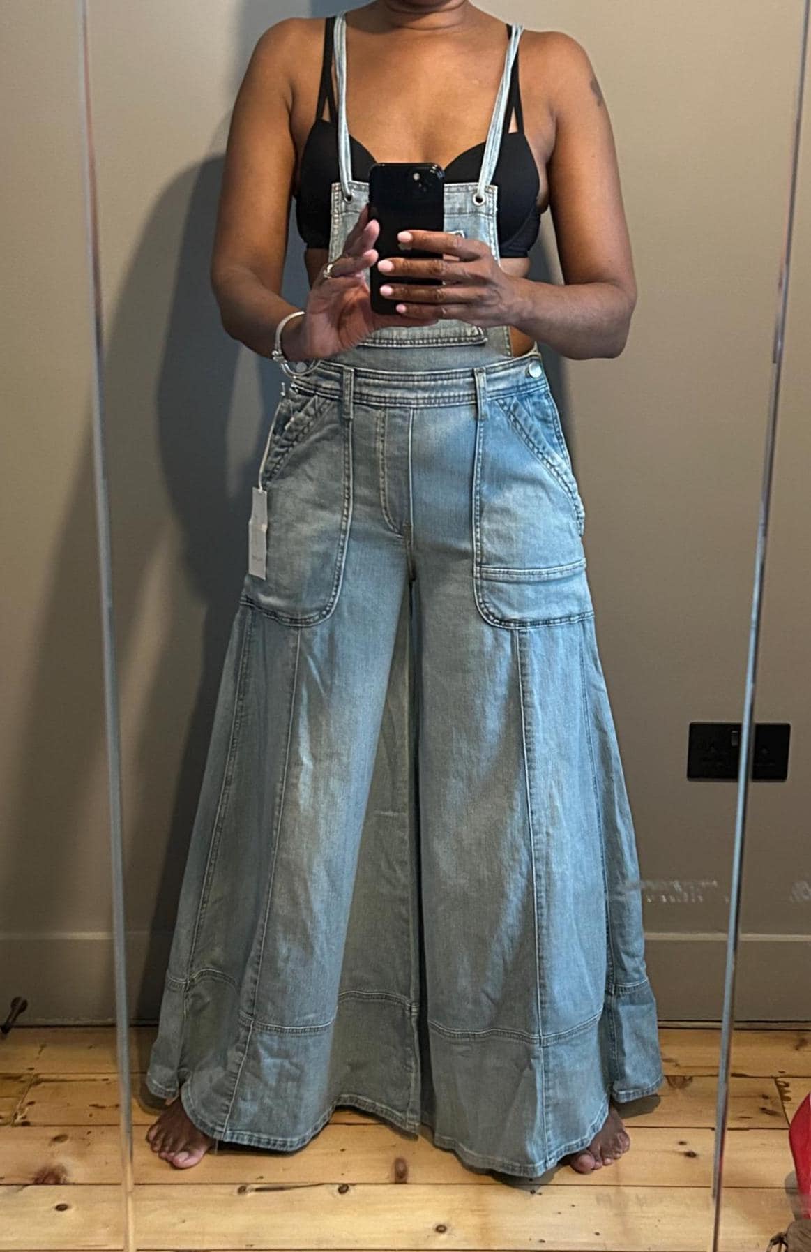 Vintage-Inspired Wide Leg Denim Overalls Light Wash Palazzo Dungarees Relaxed Carpenter Raver UK 8