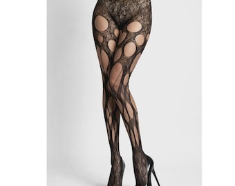 Black Floral Fishnet Ripped Tights | Distressed Gothic Hosiery