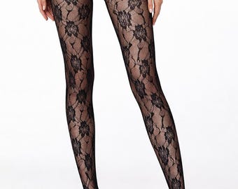 Black Rose Floral Lace Tights: Elegant Vintage Pantyhose