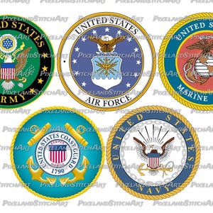 May include: Five circular emblems displaying the United States military branches. Each emblem features the words "United States" and the branch name, alongside patriotic symbols such as eagles, anchors, and stars. The designs are in a circular format.
