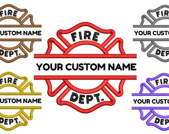 May include: A selection of embroidered fire department emblems in various colours, including brown, red, grey, gold, and purple. Each emblem features the word "FIRE" at the top, "YOUR CUSTOM NAME" in the centre, and "DEPT." at the bottom.