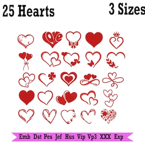 May include: A collection of 25 red heart designs in 3 sizes. The hearts vary in style, including solid, outlined, and embellished with bows, crowns, and floral elements. Text at the top reads "25 Hearts 3 Sizes".
