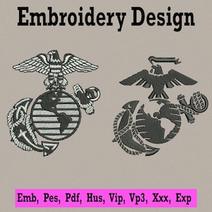 May include: Two embroidery designs featuring the Eagle, Globe, and Anchor emblem. The text "Embroidery Design" is at the top. Below, the text "Emb, Pes, Pdf, Hus, Vip, Vp3, Xxx, Exp" is displayed in a pink rectangle.