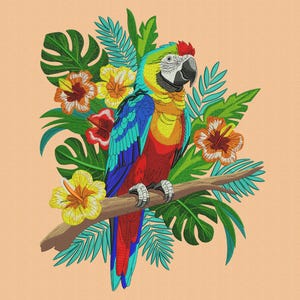 May include: A colorful parrot perched on a branch, surrounded by tropical flowers and foliage. The parrot features vibrant blue, red, yellow, and green feathers. The background is a soft peach color, creating a tropical theme.