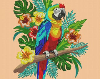 Macaw Parrot & Tropical Flowers Embroidery Design - Instant Download