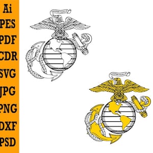 May include: Two versions of the United States Marine Corps emblem. The emblem features an eagle perched atop a globe, with an anchor and a banner that reads "Semper Fidelis". The left emblem is black and white, and the right emblem is gold and black.