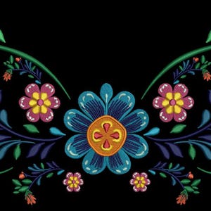May include: Embroidered floral design featuring a large blue flower at the center, surrounded by smaller pink and yellow flowers, green leaves, and orange accents, all set against a black background. The design is symmetrical and detailed.