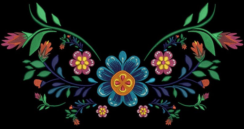 May include: Embroidered floral design featuring a large blue flower at the center, surrounded by smaller pink and yellow flowers, green leaves, and orange accents, all set against a black background. The design is symmetrical and detailed.