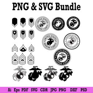 May include: A black and white PNG and SVG bundle featuring military insignia, including rank insignias, Marine Corps emblems, and text that reads "PNG & SVG Bundle". The bottom of the image includes file type abbreviations.