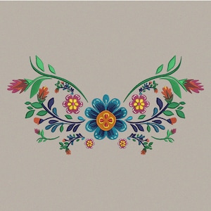 Könnte beinhalten: Ein symmetrisches Blumendesign mit einer großen blauen Blume in der Mitte, umgeben von kleineren Blumen in Rosa, Gelb und Orange. Grüne Blätter und dunkelblaue Stiele vervollständigen das Design auf neutralem Hintergrund.