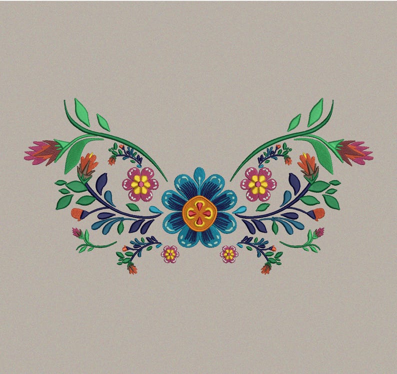 May include: A symmetrical floral design featuring a large blue flower at the center, surrounded by smaller flowers in pink, yellow, and orange. Green leaves and dark blue stems complete the design, set against a neutral background.