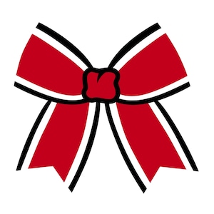 May include: A red bow with black and white trim. The bow is symmetrical, with two loops on each side and a knot in the center. The bow is set against a white background.
