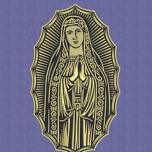 May include: Embroidered image of a religious figure with hands clasped in prayer. The figure is depicted in gold thread with intricate details, set against a blue background. The design is framed within an oval shape, radiating lines of light.