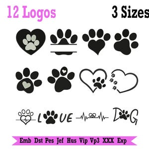 Puede incluir: Imagen con 12 logotipos de huellas de patas y corazones en blanco y negro. El texto "12 Logos" y "3 Sizes" se muestran. Los formatos de archivo se enumeran en la parte inferior. Adecuado para productos relacionados con mascotas.