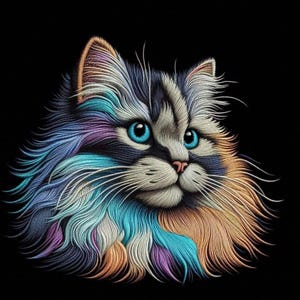 May include: A colorful illustration of a fluffy cat with bright blue eyes and a pink nose. The cat's fur is a mix of blue, purple, orange, and white, set against a black background. The artwork has a textured, almost embroidered appearance.