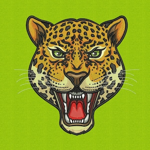 May include: An embroidered image of a jaguar's head with an open mouth, revealing sharp white teeth and a red interior. The jaguar has green eyes, black spots, and a tan and brown color scheme. The background is a solid lime green.