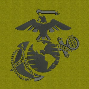 May include: Embroidered emblem featuring the United States Marine Corps symbol. The design includes a globe, eagle, and anchor in dark gray against a textured olive green background. The eagle is perched atop the globe.