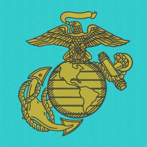 May include: Embroidered emblem featuring a gold eagle atop a globe with an anchor and rope design. The emblem is set against a teal background. The eagle has outstretched wings, and the globe depicts the continents. The anchor is on the left side.