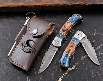 Handmade Damascus Pocket Knife – Custom Groomsmen Gift, Anniversary Gift for Him, Personalized Gift for Men, Dad, or Husband, Christmas Gift