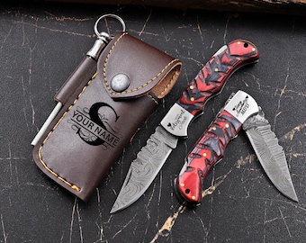 Handmade Damascus Pocket Knife – Custom Groomsmen Gift, Anniversary Gift for Him, Personalized Gift for Dad, Husband, or Men, Christmas Gift